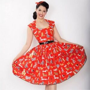 BERNIE DEXTER RARE!! Red Dog Print Dress by Tammis Keefe novelty print pinup M